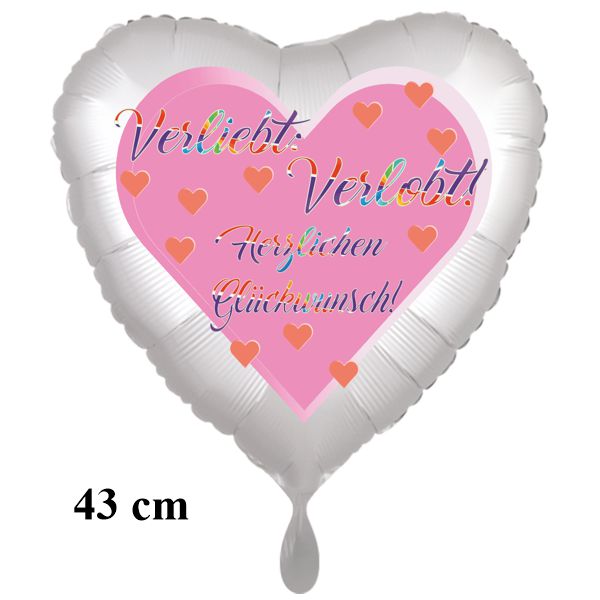 Verliebt! Verlobt! Herzlichen Glückwunsch! Herzluftballon aus Folie, 43cm, satinweiß