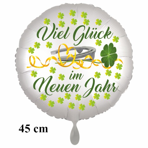 Silvester Luftballon Viel Glück im Neuen Jahr, Satin de Luxe, weiß, 45 cm