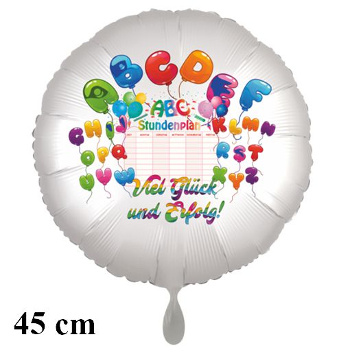 Viel Glück und Erfolg zum Schulanfang! ABC Satinweißer Rund-Luftballon aus Folie, 45 cm