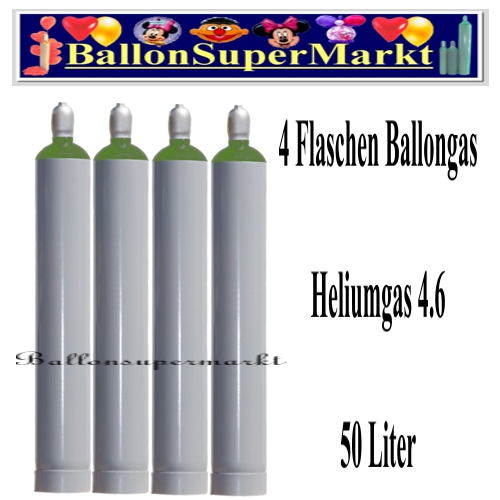 Vier Flaschen Ballongas, 50 Liter, Helium 4.6, Ballonsupermarkt-Lieferservice NRW
