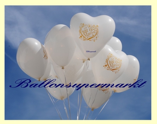 Weiße Just Married Herzluftballons mit Helium-Ballongas zur Hochzeit