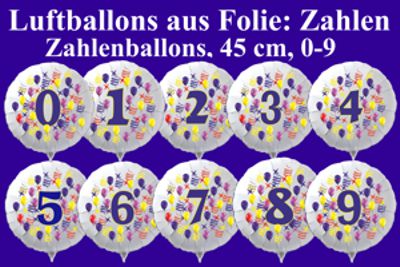 Weiße Rund-Luftballons aus Folie mit Helium, Zahlen von 0 bis 9