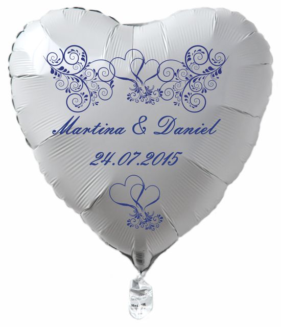 personalisierter Luftballon zur Hochzeit, weißes Herz mit Ornamenten, Namen des Hochzeitspaares und Datum des Hochzeitstages