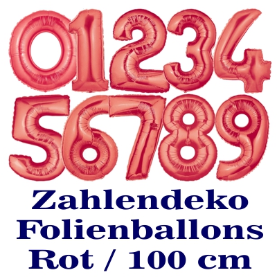 Große Zahlen-Deko Luftballons aus Folie, 100 cm, Rot, Zahlendekoration mit Folienballons