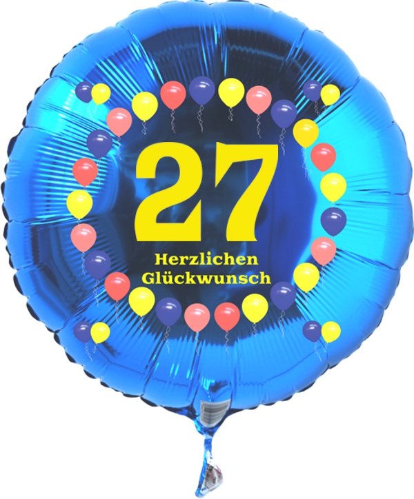 Luftballon zum 27. Geburtstag, Balloons, blauer Rundballon mit Ballongas Helium