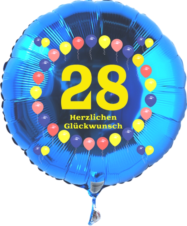 Luftballon zum 28. Geburtstag, Balloons, blauer Rundballon mit Ballongas Helium