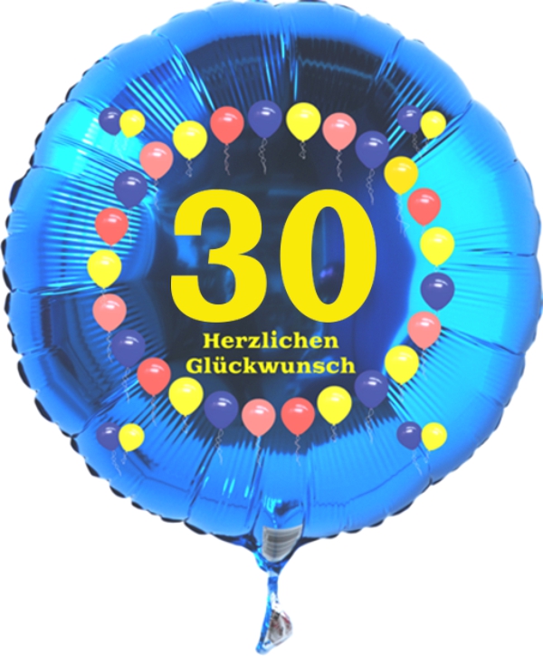 Luftballon zum 30. Geburtstag, Balloons, blauer Rundballon mit Ballongas Helium