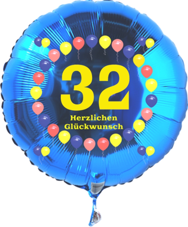 Luftballon zum 32. Geburtstag, Balloons, blauer Rundballon mit Ballongas Helium