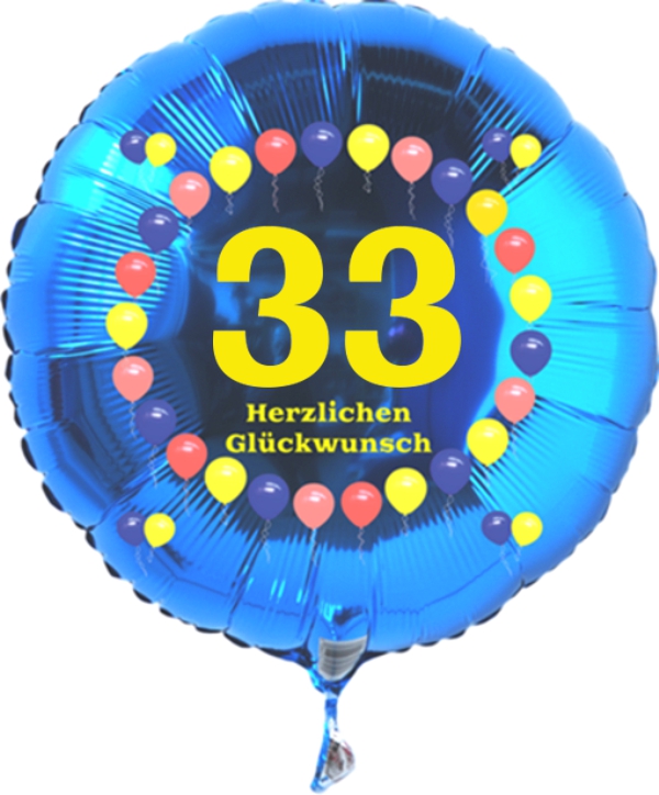 Luftballon zum 33. Geburtstag, Balloons, blauer Rundballon mit Ballongas Helium