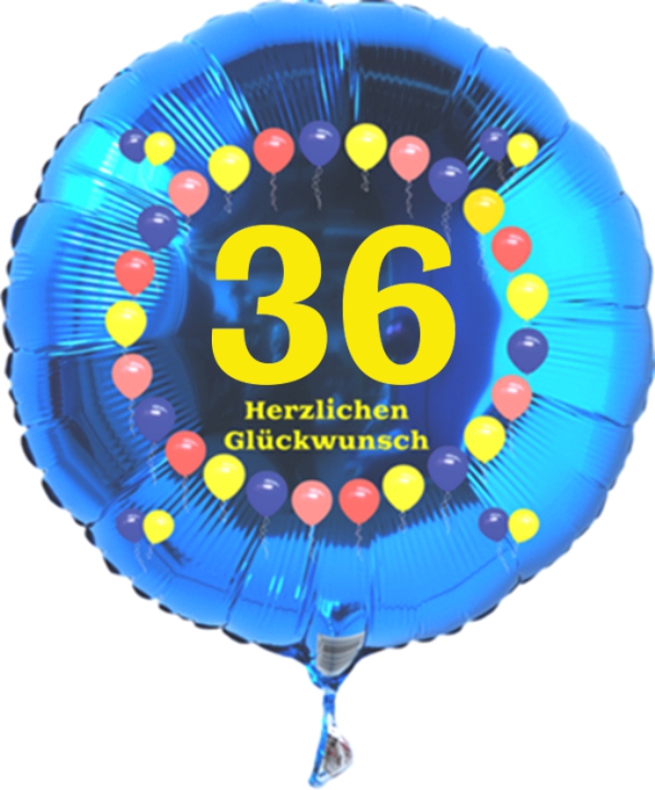 Luftballon zum 36. Geburtstag, Balloons, blauer Rundballon mit Ballongas Helium