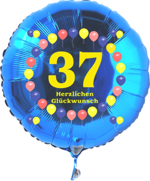 Luftballon zum 37. Geburtstag, Balloons, blauer Rundballon mit Ballongas Helium