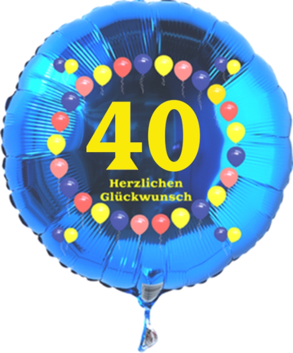Luftballon zum 40. Geburtstag, Balloons, blauer Rundballon mit Ballongas Helium