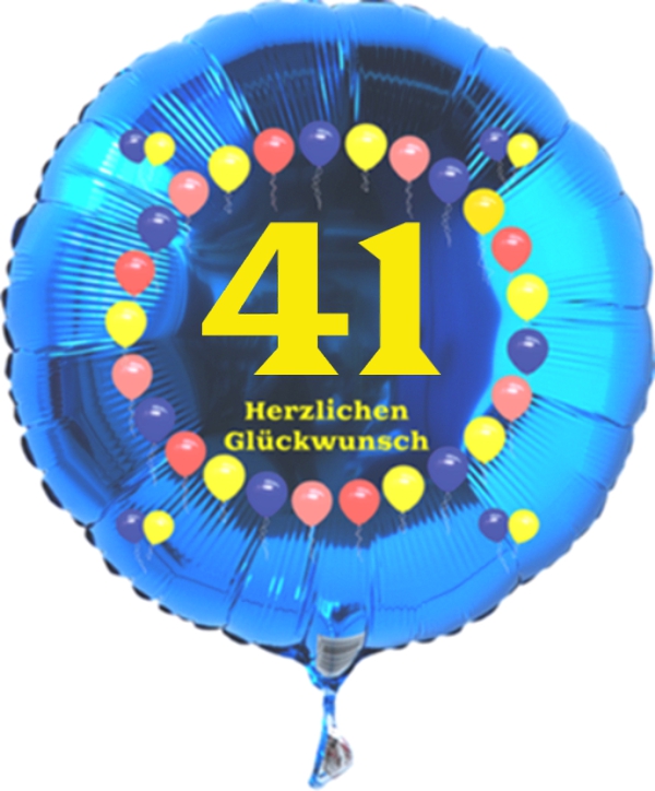 Luftballon zum 41. Geburtstag, Balloons, blauer Rundballon mit Ballongas Helium