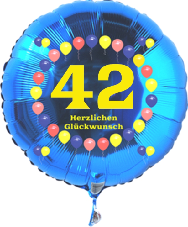 Luftballon zum 42. Geburtstag, Balloons, blauer Rundballon mit Ballongas Helium