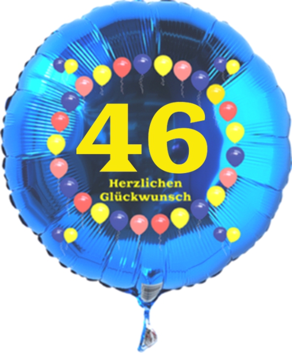 Luftballon zum 46. Geburtstag, Balloons, blauer Rundballon mit Ballongas Helium