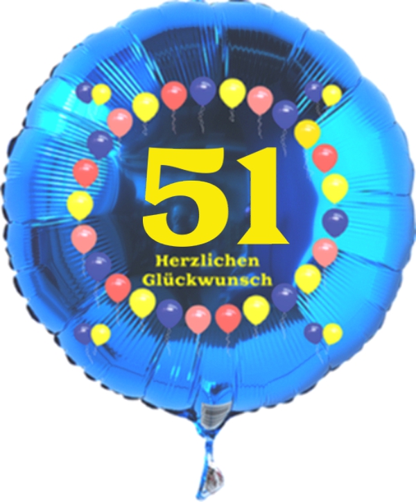Luftballon zum 51. Geburtstag, Balloons, blauer Rundballon mit Ballongas Helium