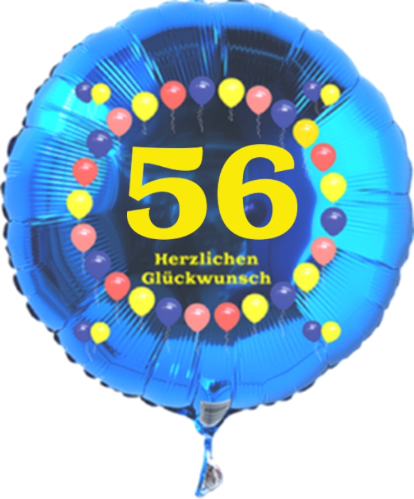 Luftballon zum 56. Geburtstag, Balloons, blauer Rundballon mit Ballongas Helium