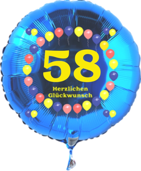 Luftballon zum 58. Geburtstag, Balloons, blauer Rundballon mit Ballongas Helium
