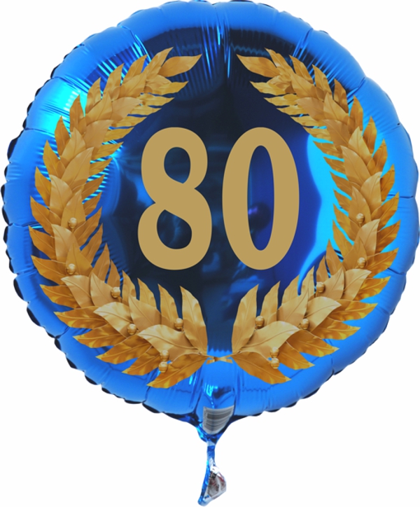 Luftballon zum 80. Geburtstag, Zahl 80 im Lorbeerkranz, Rundballon mit Ballongas Helium