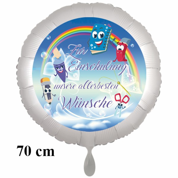 Zur Einschulung unsere allerbesten Wünsche. Großer Rundluftballon, Satin de Luxe, weiß, 70 cm mit Helium 