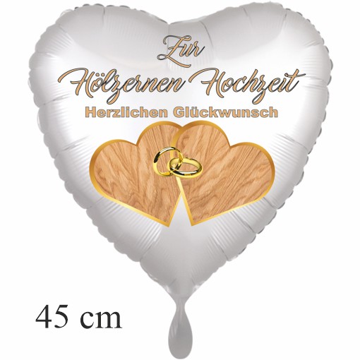 Zur Hölzernen Hochzeit, Herzballon, 45cm, satin de luxe, weiss