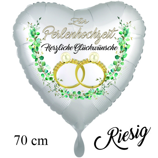 Zur Perlenhochzeit herzliche Glückwünsche, Herzballon, 70cm, satin de luxe, weiss