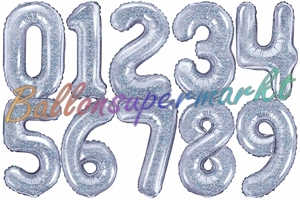 Zahlen Folienballons aus Folie, 35 cm, Silber, holografisch