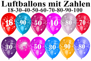 Luftballons mit Zahlen, Zahl 18, 30, 40, 50, 60, 70, 80, 90 und 100 Luftballons mit Zahlen, Zahl 18, 30, 40, 50, 60, 70, 80, 90 und 100