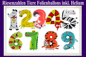 Luftballons aus Folie Riesenzahlen, Tiere, inklusive Helium