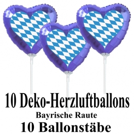 10-Stueck-Deko-Herz-Luftballons-Bayrische Raute-mit-Ballonstaeben