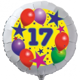 Luftballon aus Folie zum 17. Geburtstag, weisser Rundballon, Sterne und Luftballons, inklusive Ballongas