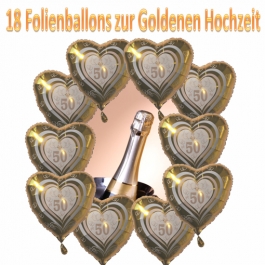 18 Folienballons Herzen zur Goldenen Hochzeit inklusive Helium
