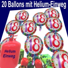 20 Heliumballons Zahl 18 zum 18. Geburtstag, Luftballons aus Folie mit dem Helium-Einwegbehälter