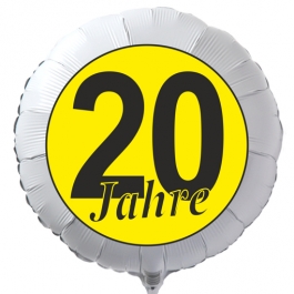 Luftballon aus Folie zum 20. Geburtstag, weisser Rundballon, "20 Jahre" in Schwarz-Gelb, inklusive Ballongas