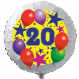 Luftballon aus Folie zum 20. Geburtstag, weisser Rundballon, Sterne und Luftballons, inklusive Ballongas