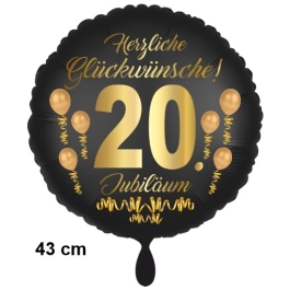 Luftballon aus Folie zum 20. Jahrestag und Jubiläum, 43 cm, schwarz, Satin,  inklusive Helium