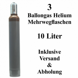 3 Ballongas Helium 10 Liter, 14 Tage Verleih, Mehrwegflaschen