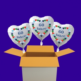3 weiße Herzluftballons aus Folie: 60 Jahre, Diamantene Hochzeit