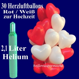 Ballons Helium Set Hochzeit, 30 Herzluftballons in Rot und Weiß
