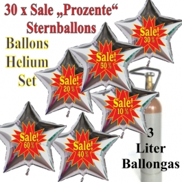 30 Stück Sale-Prozente Helium-Luftballons, 10 Prozent, 20 Prozent, 30 Prozent, 40 Prozent, 50 Prozent, 60 Prozent, Sternballons in Silber mit Heliumflasche