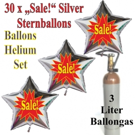 30 "Sale!" Sternballons aus Folie in Silber mit 3 Liter Ballongas