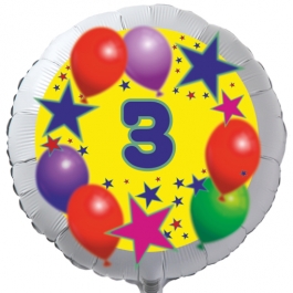 Luftballon aus Folie zum 3. Geburtstag, weisser Rundballon, Sterne und Luftballons, inklusive Ballongas