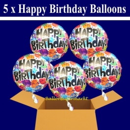 5 Geburtstags-Luftballons, Happy Birthday Balloons, Holografische Ballons mit Helium