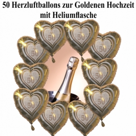 Ballons Helium Set Goldene Hochzeit, 50 Herzluftballons aus Folie mit Heliumflasche