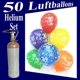 50 Zahlenluftballons Zahl 30, Geburtstag, Jubiläum, Ballons Helium Set mit Ballongasflasche