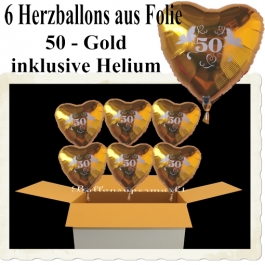Dekoration Goldene Hochzeit, 6 Herzballons aus Folie mit Helium, 50-Gold