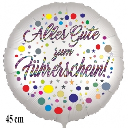 Alles Gute zum Führerschein! Satinweißer Luftballon, 45 cm, inklusive Helium