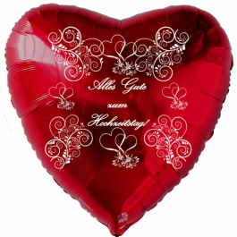 Alles Gute zum Hochzeitstag, roter Herzluftballon mit weißen Ornamenten und Herzen, inklusive Helium