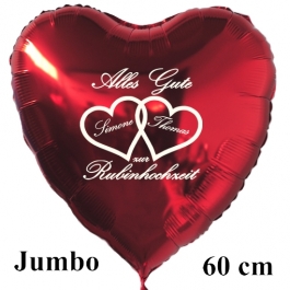 Alles Gute zur Rubinhochzeit, großer roter Herzluftballon, Geschenk zum 40. Hochzeitstag mit Namen der Eheleute