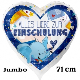 Alles Liebe zur Einschulung. Weißer Luftballon mit Ballongas, Blau, 71 cm, Helium gefüllt zum Schulanfang